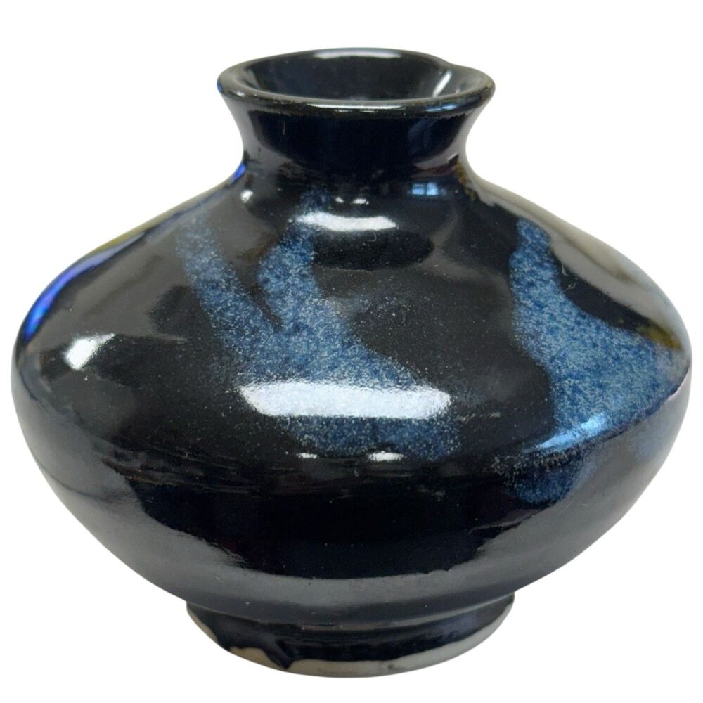 Vintage Hand Thrown Studio Pottery Drip Glaze Vase Black Blue Signed By Artist